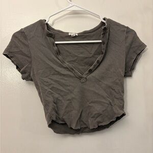 Garage Gray Fitted Crop Buttoned T-Shirt